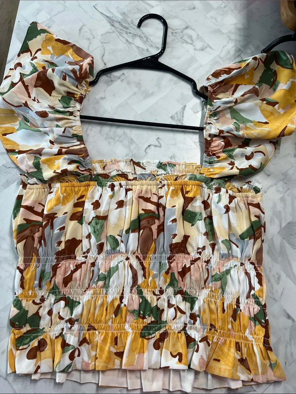 Abercrombie & Fitch Yellow Multi Smocked Puff-Sleeve Floral Top